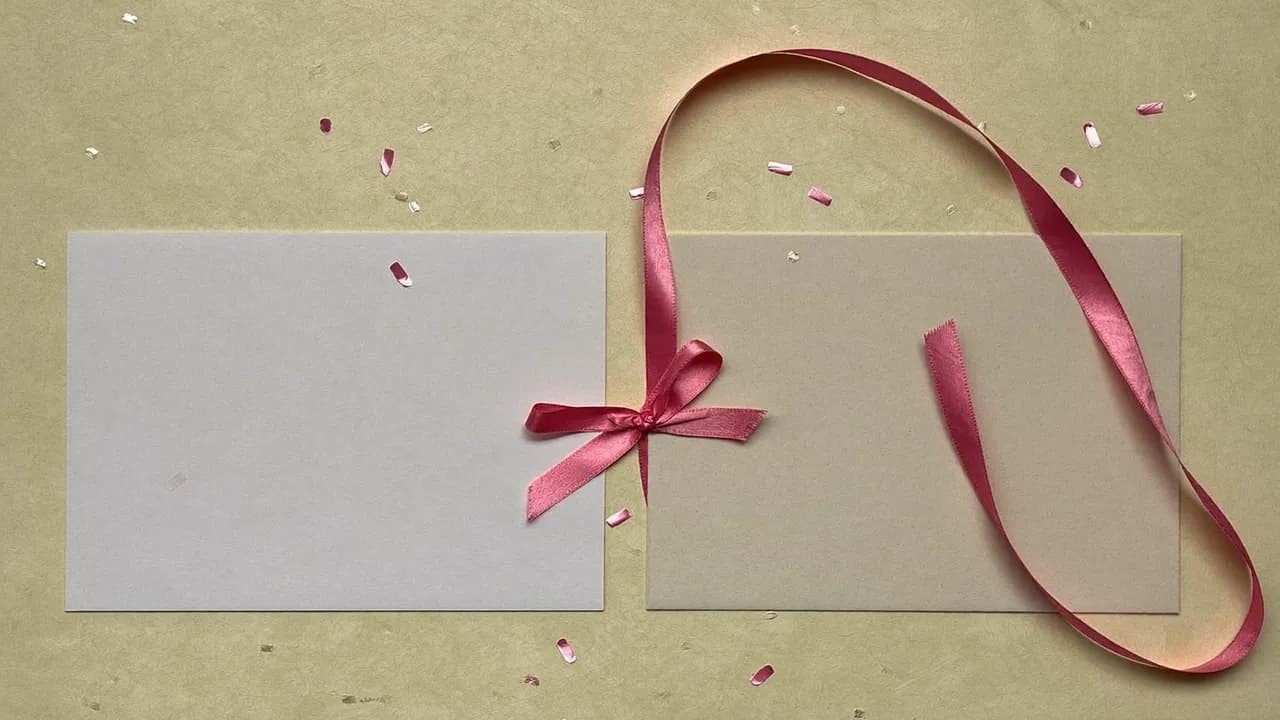Two greeting cards connected by a pink ribbon across a table