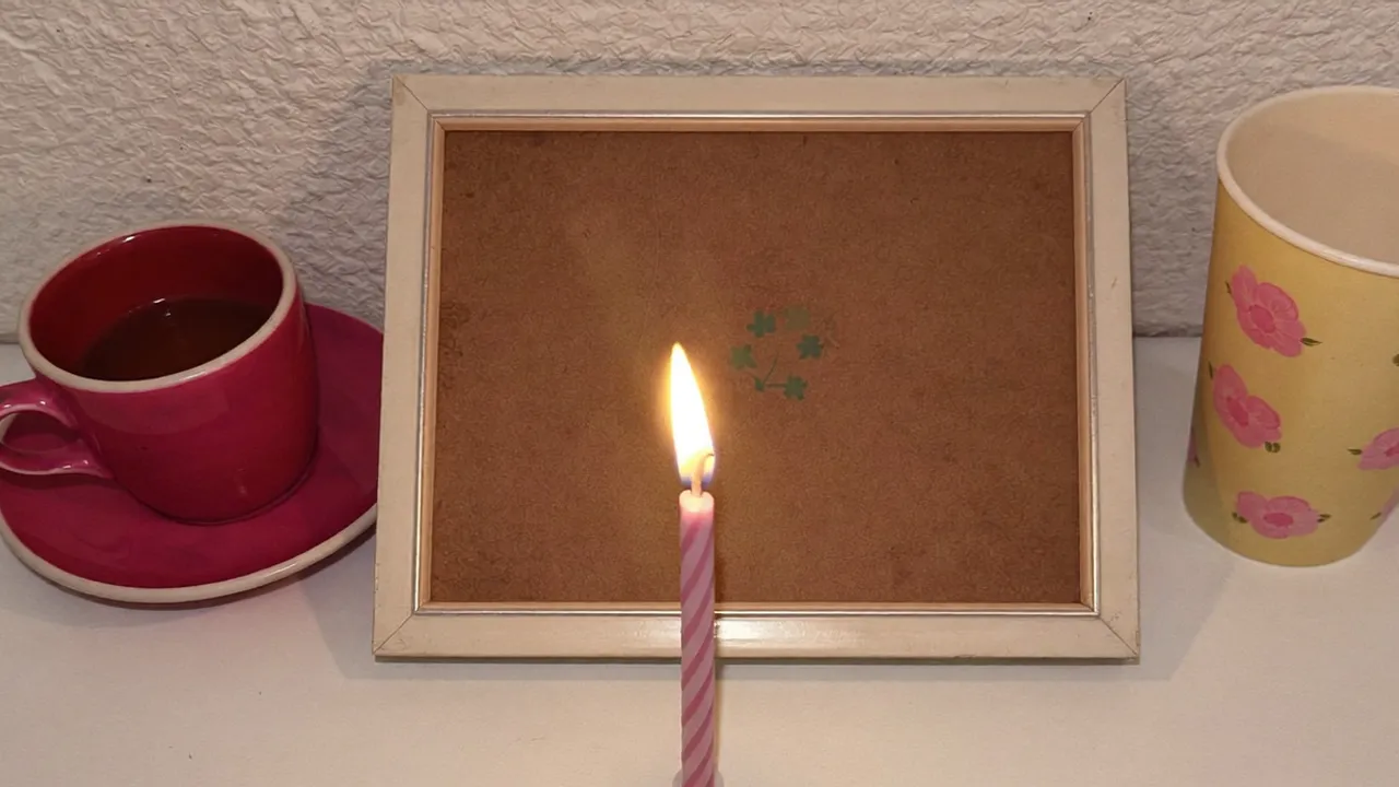 A birthday candle and two cups arranged around an empty picture frame